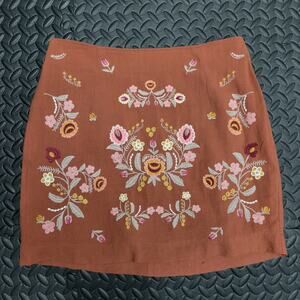 Anthropologie Magnolia South Linen Embroidered Mini Skirt Womens Small Boho